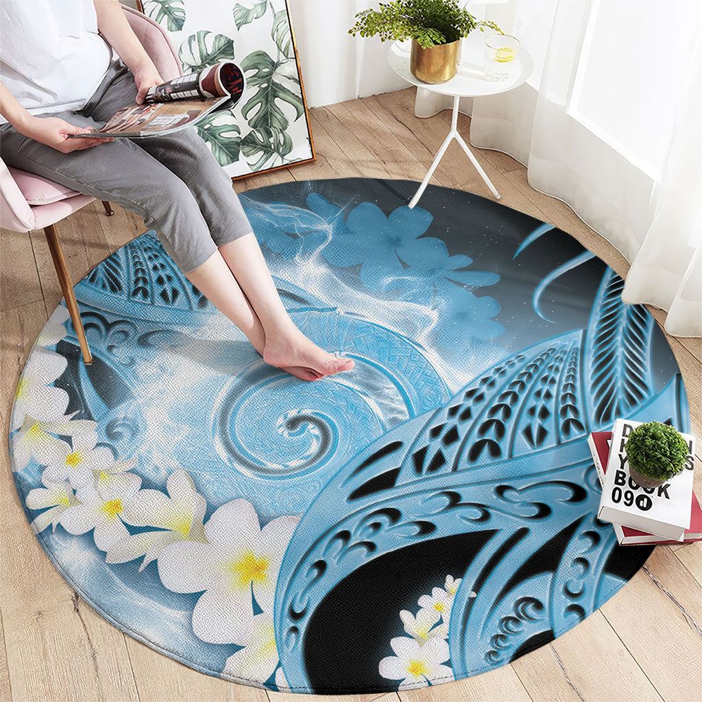 Piko Hawaiian Round Carpet Blue Galaxy Spiral Plumeria Tribal Patterns