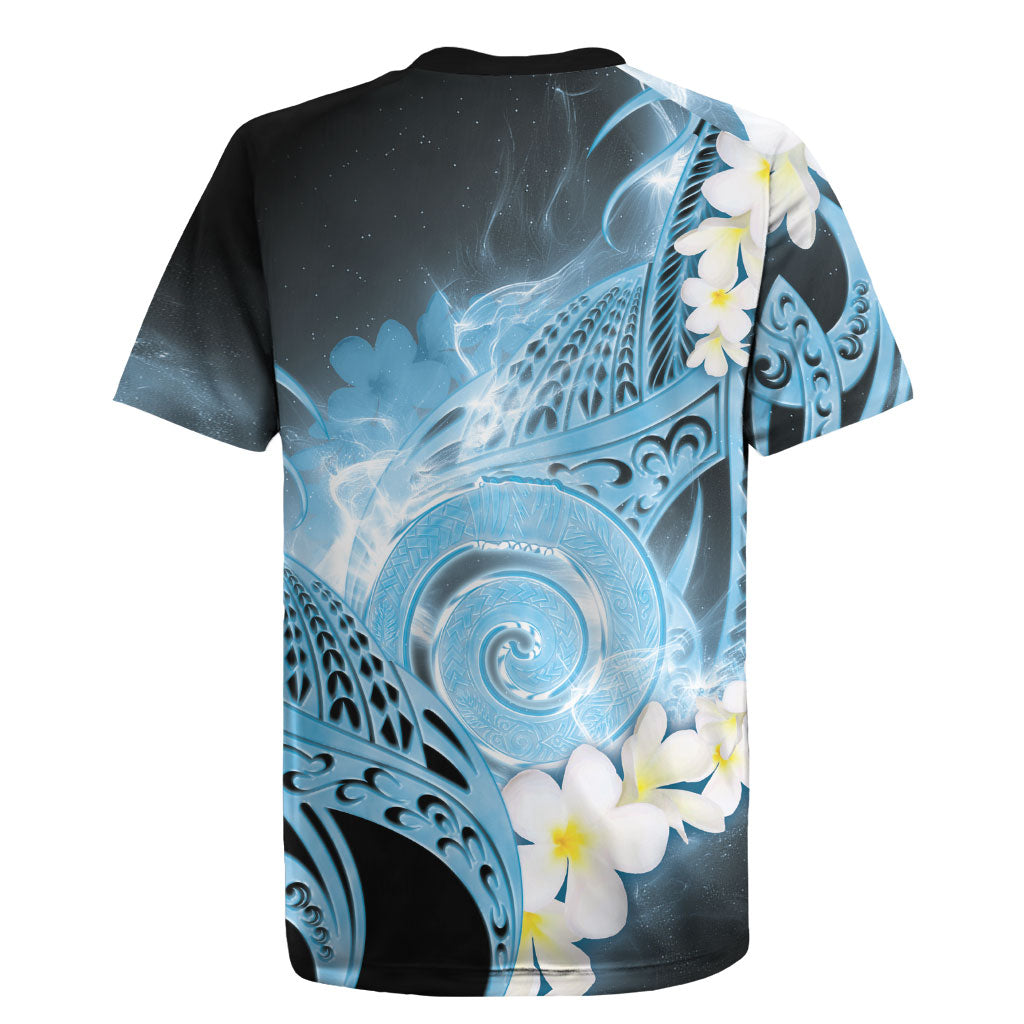 Piko Hawaiian Rugby Jersey Blue Galaxy Spiral Plumeria Tribal Patterns