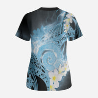 Piko Hawaiian Scrub Top Blue Galaxy Spiral Plumeria Tribal Patterns