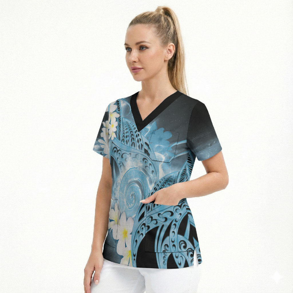 Piko Hawaiian Scrub Top Blue Galaxy Spiral Plumeria Tribal Patterns