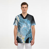 Piko Hawaiian Scrub Top Blue Galaxy Spiral Plumeria Tribal Patterns