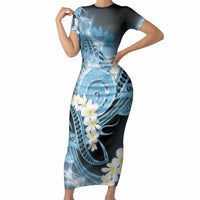 Piko Hawaiian Short Sleeve Bodycon Dress Blue Galaxy Spiral Plumeria Tribal Patterns