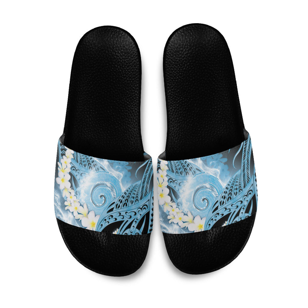 Piko Hawaiian Slide Sandals Blue Galaxy Spiral Plumeria Tribal Patterns