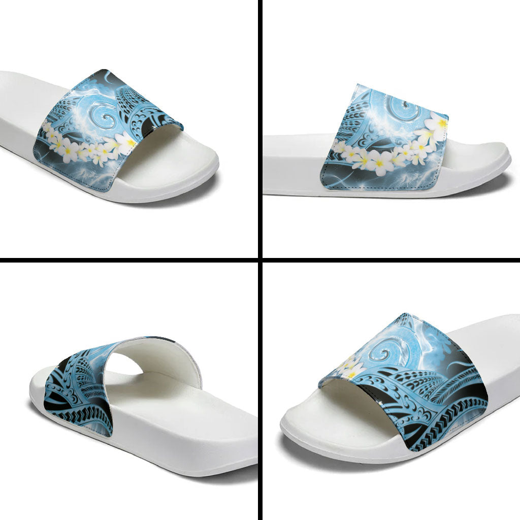 Piko Hawaiian Slide Sandals Blue Galaxy Spiral Plumeria Tribal Patterns