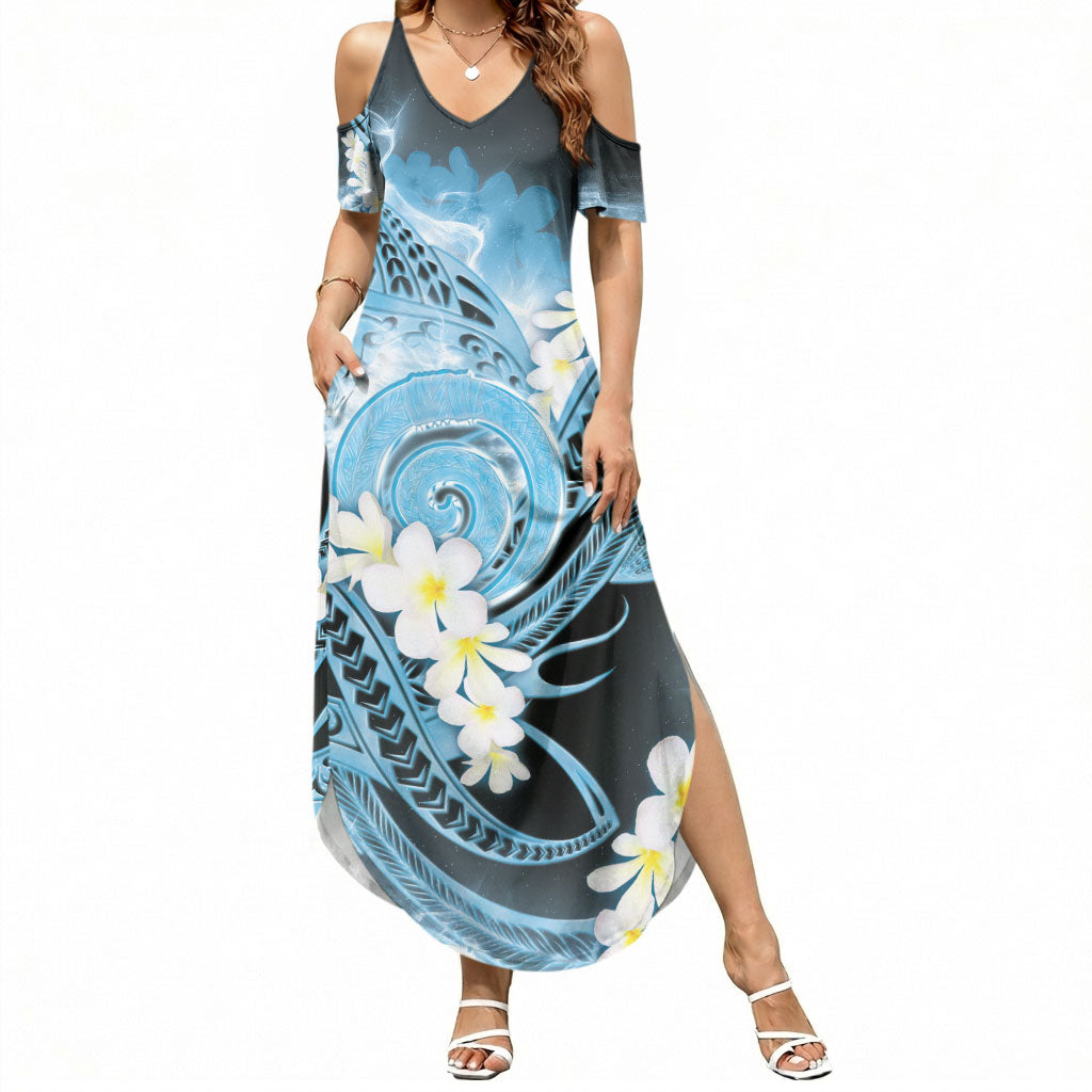 Piko Hawaiian Summer Maxi Dress Blue Galaxy Spiral Plumeria Tribal Patterns