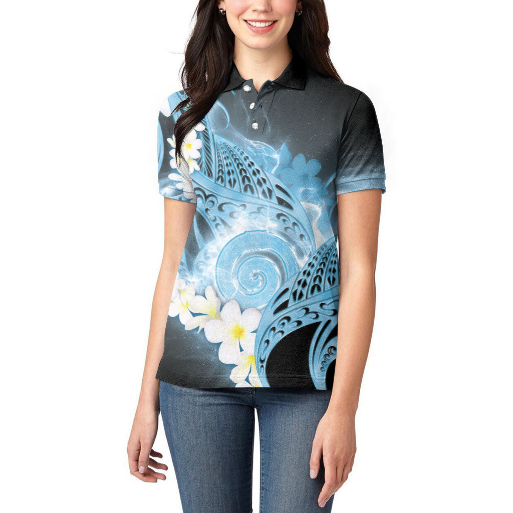 Piko Hawaiian Women Polo Shirt Blue Galaxy Spiral Plumeria Tribal Patterns