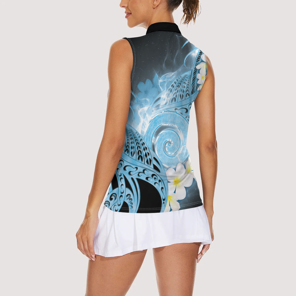 Piko Hawaiian Women Sleeveless Polo Shirt Blue Galaxy Spiral Plumeria Tribal Patterns