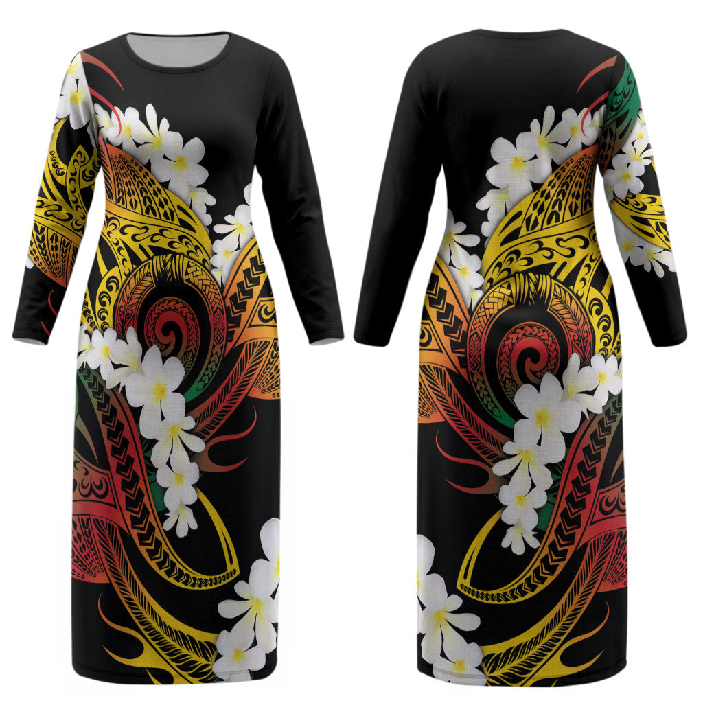 Piko Hawaiian Couples Matching Long Sleeve Bodycon Dress and Hawaiian Shirt Gradient Spiral Plumeria Tribal Patterns
