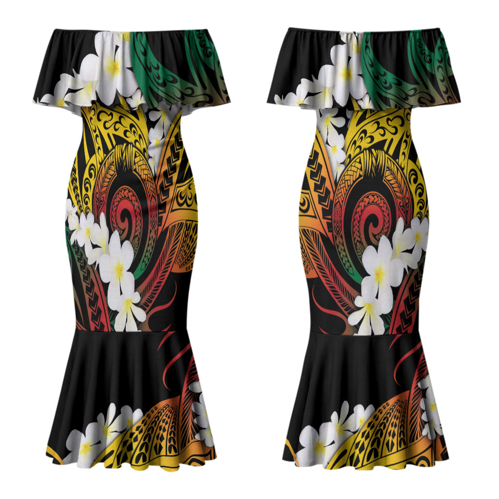 Piko Hawaiian Couples Matching Mermaid Dress and Hawaiian Shirt Gradient Spiral Plumeria Tribal Patterns