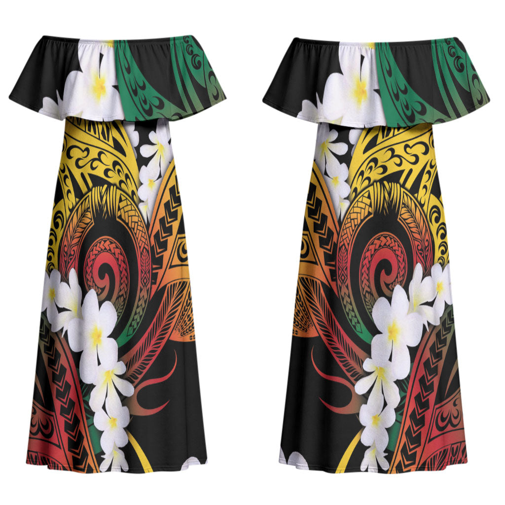 Piko Hawaiian Couples Matching Off Shoulder Maxi Dress and Hawaiian Shirt Gradient Spiral Plumeria Tribal Patterns