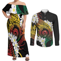 Piko Hawaiian Couples Matching Off Shoulder Maxi Dress and Long Sleeve Button Shirt Gradient Spiral Plumeria Tribal Patterns