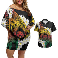 Piko Hawaiian Couples Matching Off Shoulder Short Dress and Hawaiian Shirt Gradient Spiral Plumeria Tribal Patterns