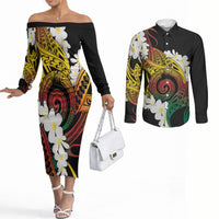 Piko Hawaiian Couples Matching Off The Shoulder Long Sleeve Dress and Long Sleeve Button Shirt Gradient Spiral Plumeria Tribal Patterns