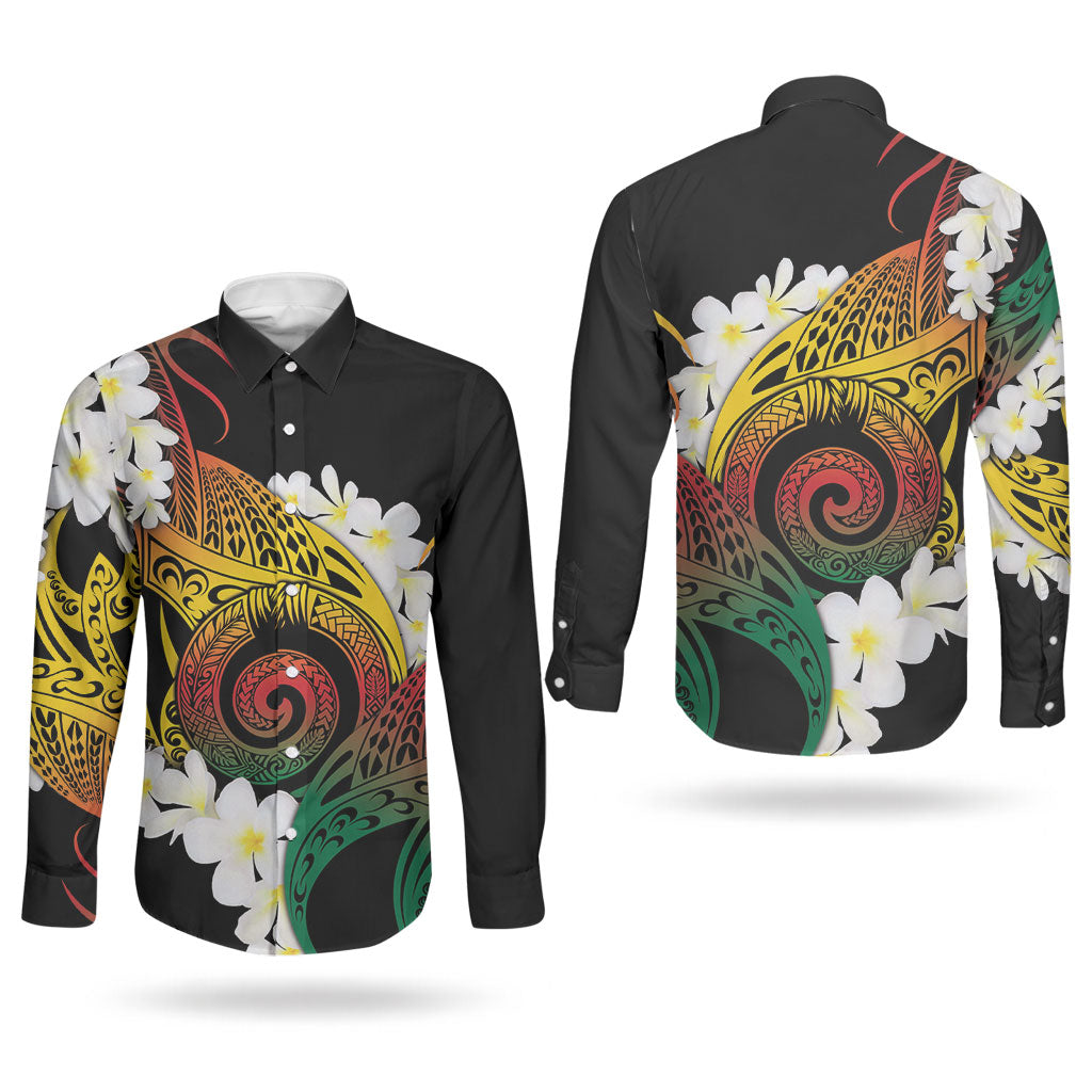 Piko Hawaiian Couples Matching Off The Shoulder Long Sleeve Dress and Long Sleeve Button Shirt Gradient Spiral Plumeria Tribal Patterns