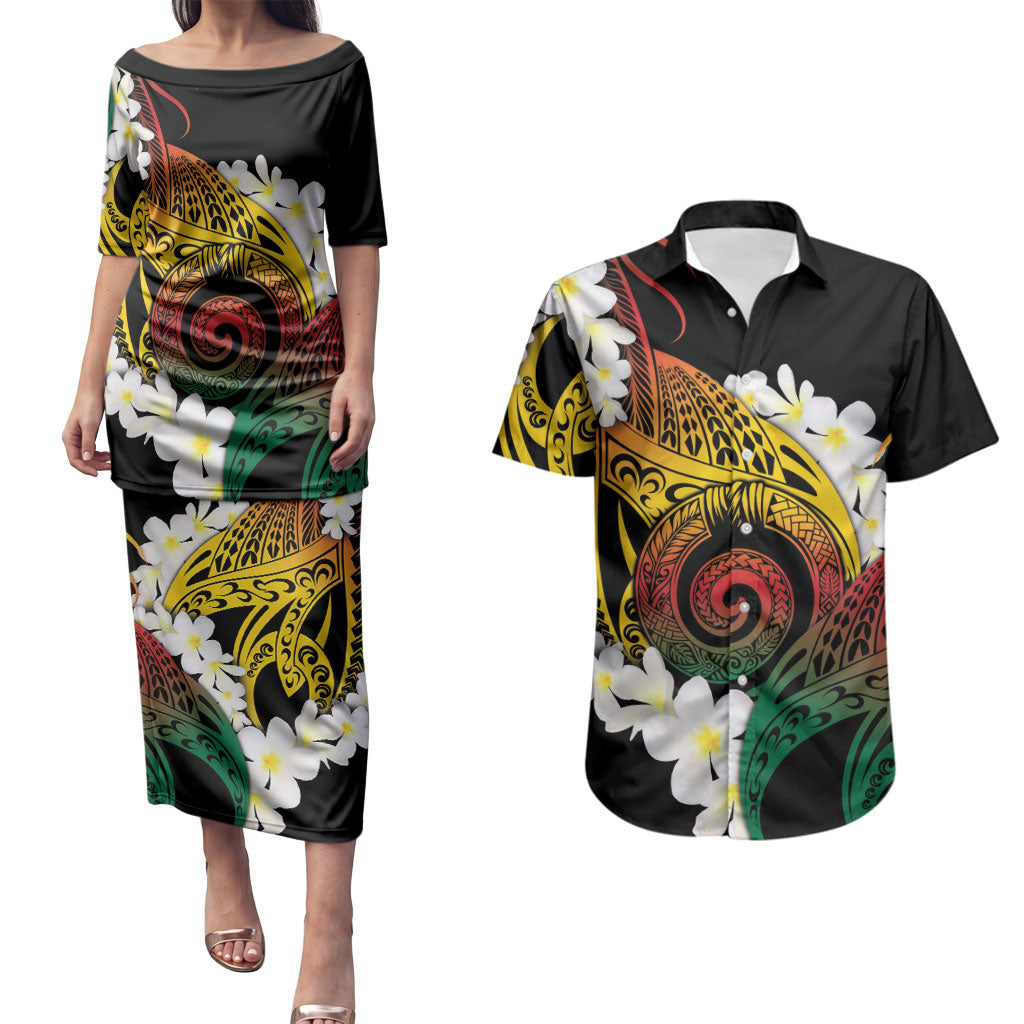 Piko Hawaiian Couples Matching Puletasi and Hawaiian Shirt Gradient Spiral Plumeria Tribal Patterns