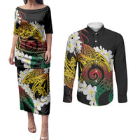 Piko Hawaiian Couples Matching Puletasi and Long Sleeve Button Shirt Gradient Spiral Plumeria Tribal Patterns