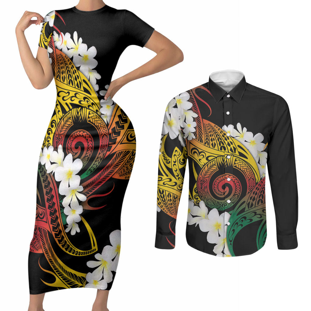 Piko Hawaiian Couples Matching Short Sleeve Bodycon Dress and Long Sleeve Button Shirt Gradient Spiral Plumeria Tribal Patterns
