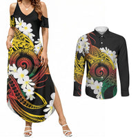 Piko Hawaiian Couples Matching Summer Maxi Dress and Long Sleeve Button Shirt Gradient Spiral Plumeria Tribal Patterns