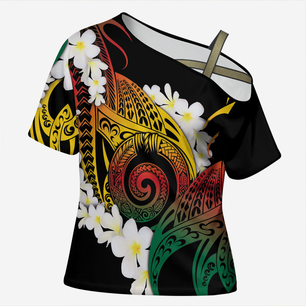 Piko Hawaiian Cross Shoulder Shirt Gradient Spiral Plumeria Tribal Patterns