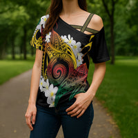 Piko Hawaiian Cross Shoulder Shirt Gradient Spiral Plumeria Tribal Patterns