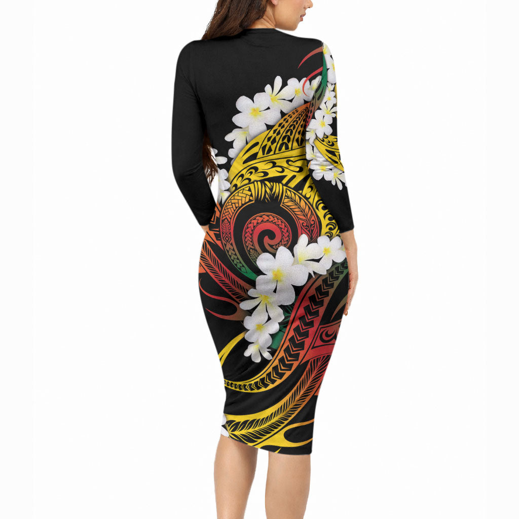 Piko Hawaiian Long Sleeve Bodycon Dress Gradient Spiral Plumeria Tribal Patterns