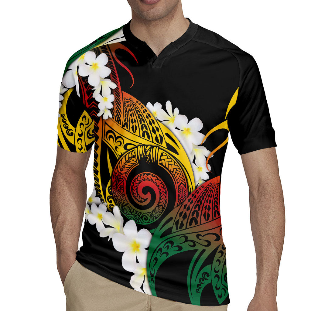 Piko Hawaiian Rugby Jersey Gradient Spiral Plumeria Tribal Patterns