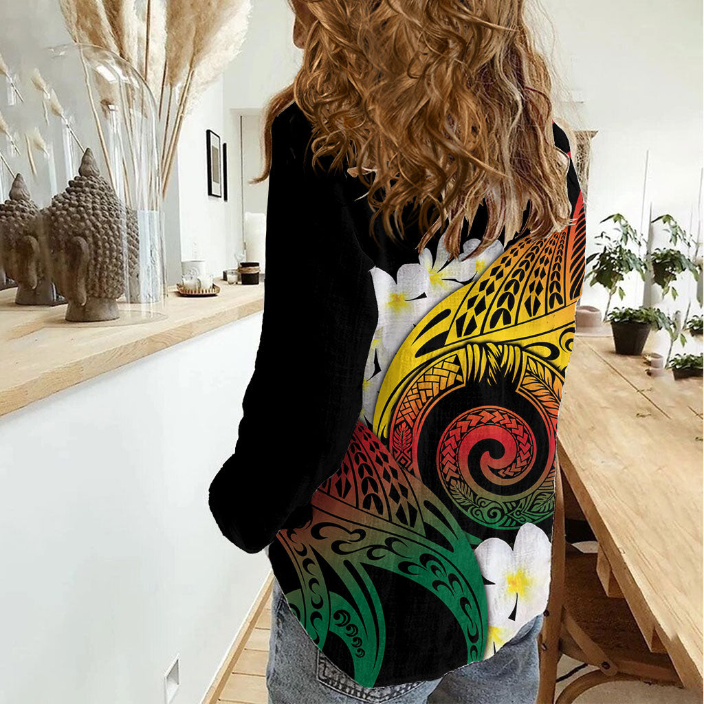 Piko Hawaiian Women Casual Shirt Gradient Spiral Plumeria Tribal Patterns