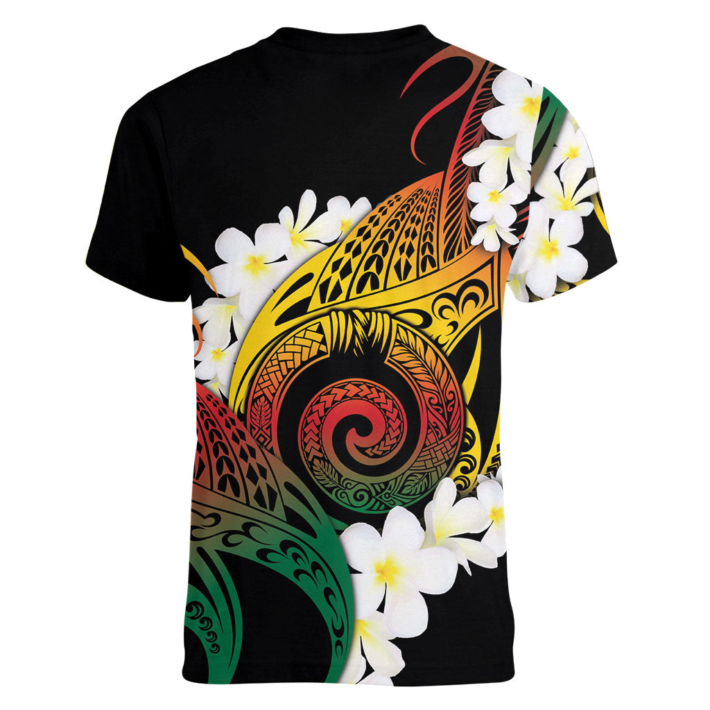 Piko Hawaiian Women V-Neck T-Shirt Gradient Spiral Plumeria Tribal Patterns