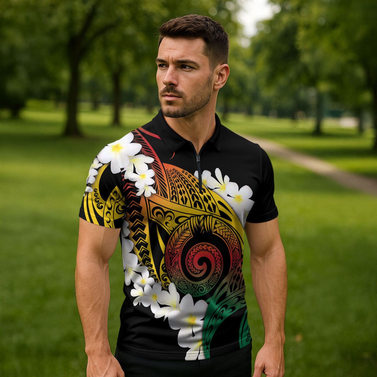 Piko Hawaiian Zipper Polo Shirt Gradient Spiral Plumeria Tribal Patterns