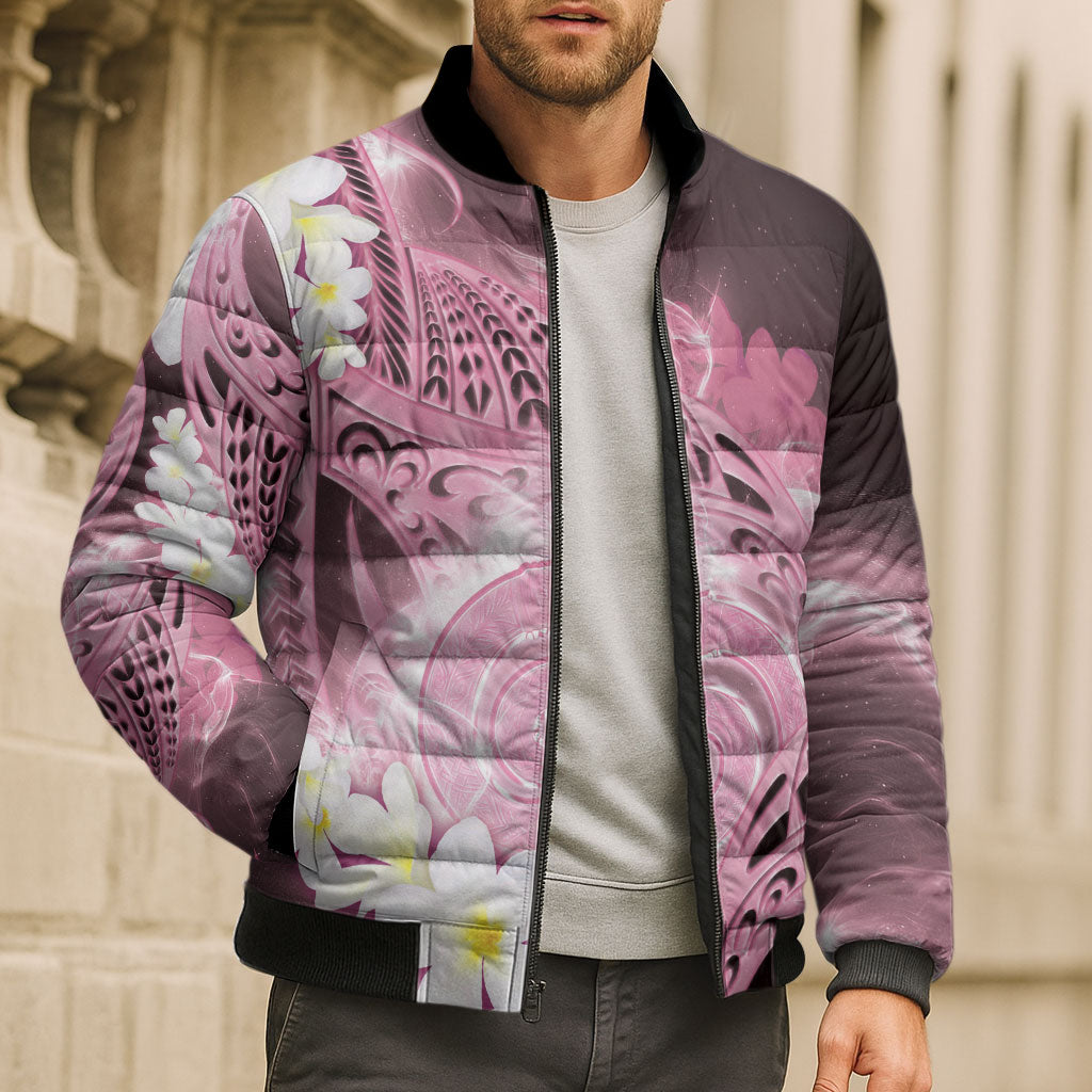 Piko Hawaiian Bomber Puffer Jacket Pink Galaxy Spiral Plumeria Tribal Patterns