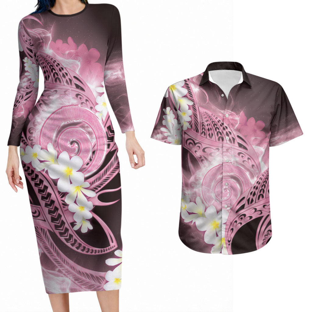 Piko Hawaiian Couples Matching Long Sleeve Bodycon Dress and Hawaiian Shirt Pink Galaxy Spiral Plumeria Tribal Patterns DT05 Pink - Polynesian Pride