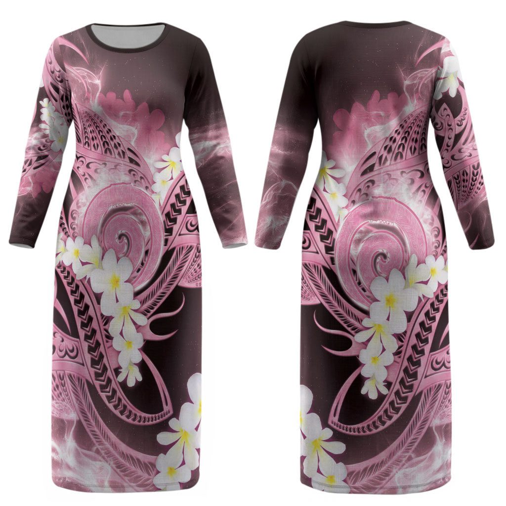 Piko Hawaiian Couples Matching Long Sleeve Bodycon Dress and Hawaiian Shirt Pink Galaxy Spiral Plumeria Tribal Patterns