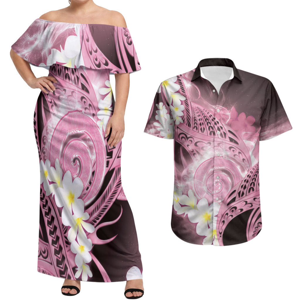 Piko Hawaiian Couples Matching Off Shoulder Maxi Dress and Hawaiian Shirt Pink Galaxy Spiral Plumeria Tribal Patterns