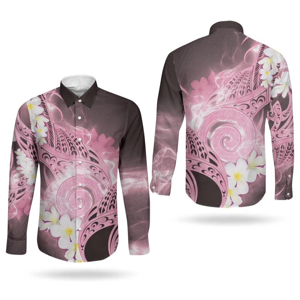 Piko Hawaiian Couples Matching Off Shoulder Maxi Dress and Long Sleeve Button Shirt Pink Galaxy Spiral Plumeria Tribal Patterns