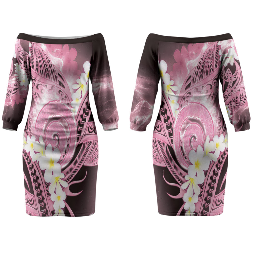 Piko Hawaiian Couples Matching Off The Shoulder Long Sleeve Dress and Long Sleeve Button Shirt Pink Galaxy Spiral Plumeria Tribal Patterns