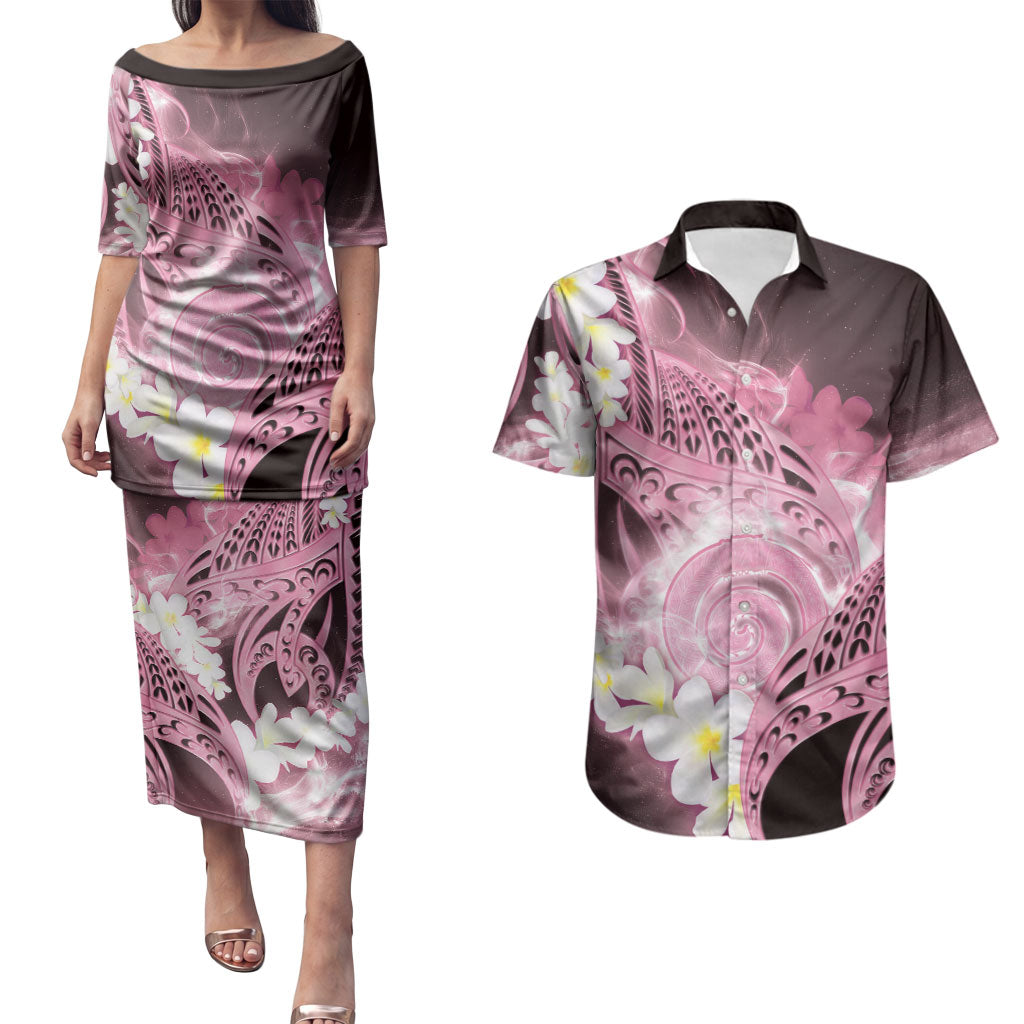 Piko Hawaiian Couples Matching Puletasi and Hawaiian Shirt Pink Galaxy Spiral Plumeria Tribal Patterns DT05 Pink - Polynesian Pride