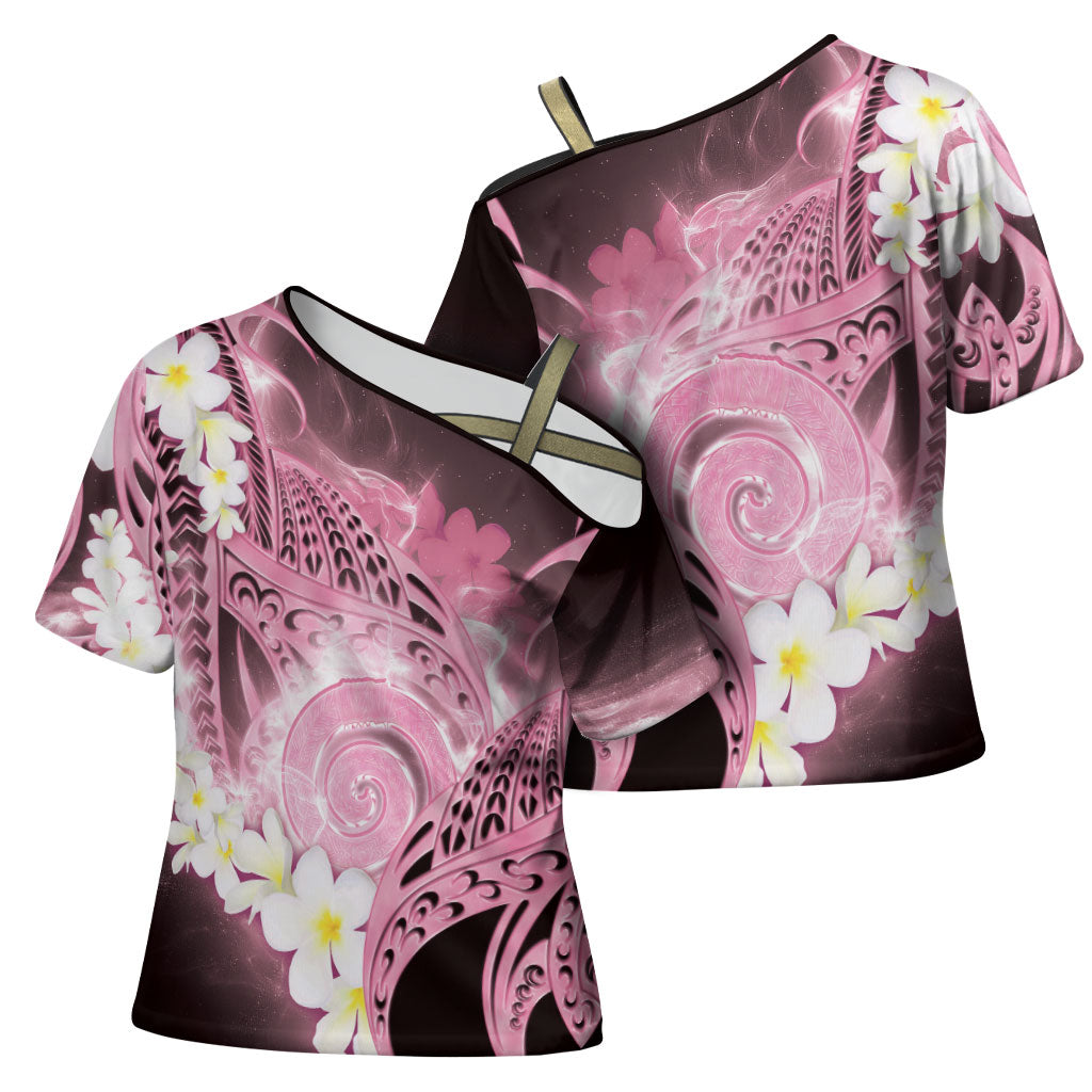Piko Hawaiian Cross Shoulder Shirt Pink Galaxy Spiral Plumeria Tribal Patterns