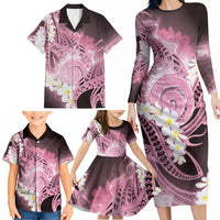 Piko Hawaiian Family Matching Long Sleeve Bodycon Dress and Hawaiian Shirt Pink Galaxy Spiral Plumeria Tribal Patterns
