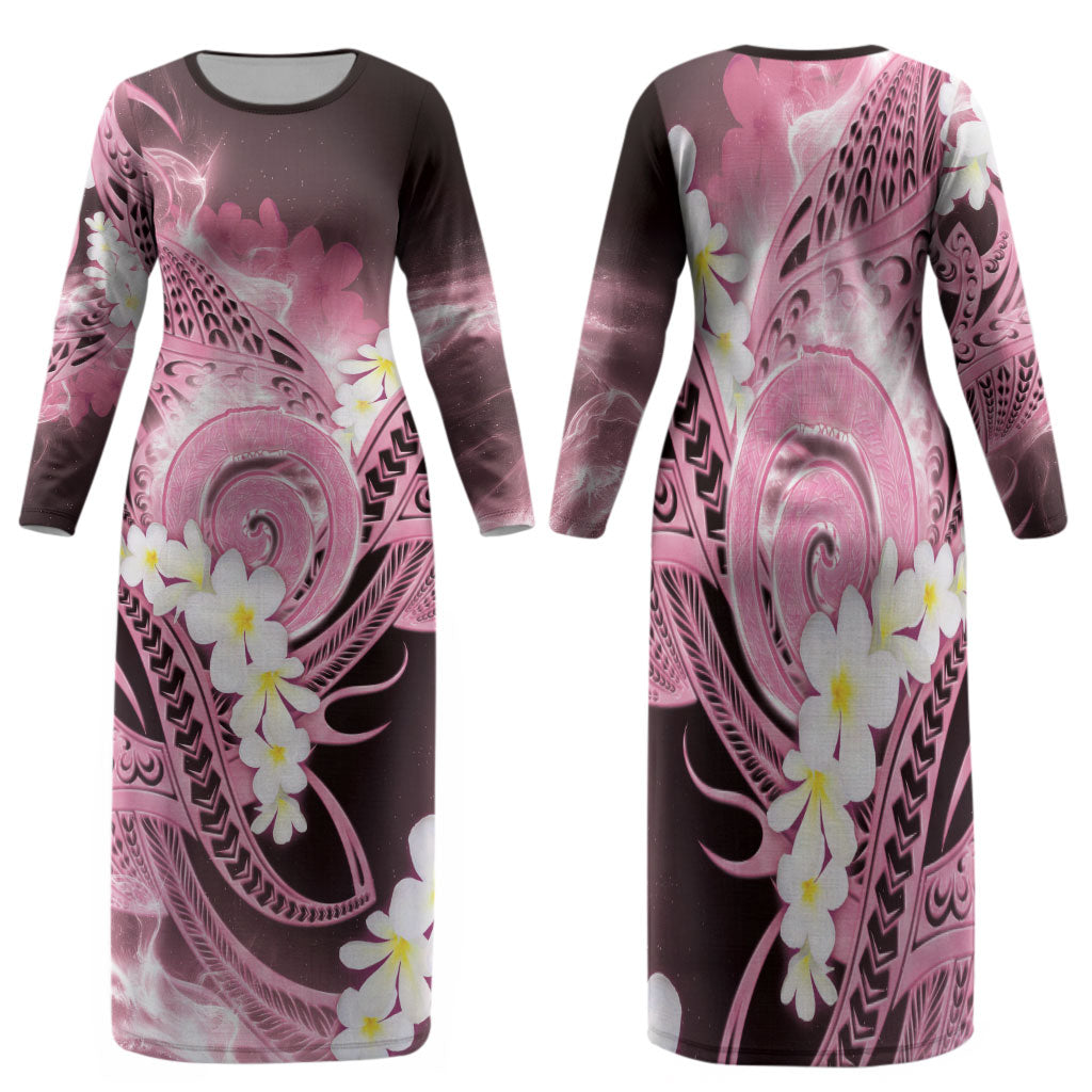 Piko Hawaiian Family Matching Long Sleeve Bodycon Dress and Hawaiian Shirt Pink Galaxy Spiral Plumeria Tribal Patterns