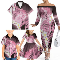 Piko Hawaiian Family Matching Off The Shoulder Long Sleeve Dress and Hawaiian Shirt Pink Galaxy Spiral Plumeria Tribal Patterns