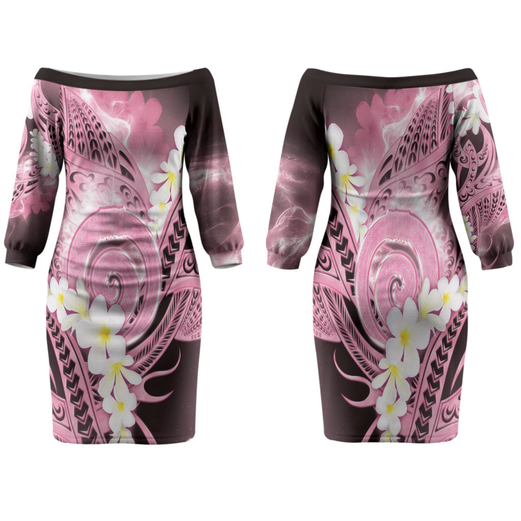 Piko Hawaiian Family Matching Off The Shoulder Long Sleeve Dress and Hawaiian Shirt Pink Galaxy Spiral Plumeria Tribal Patterns