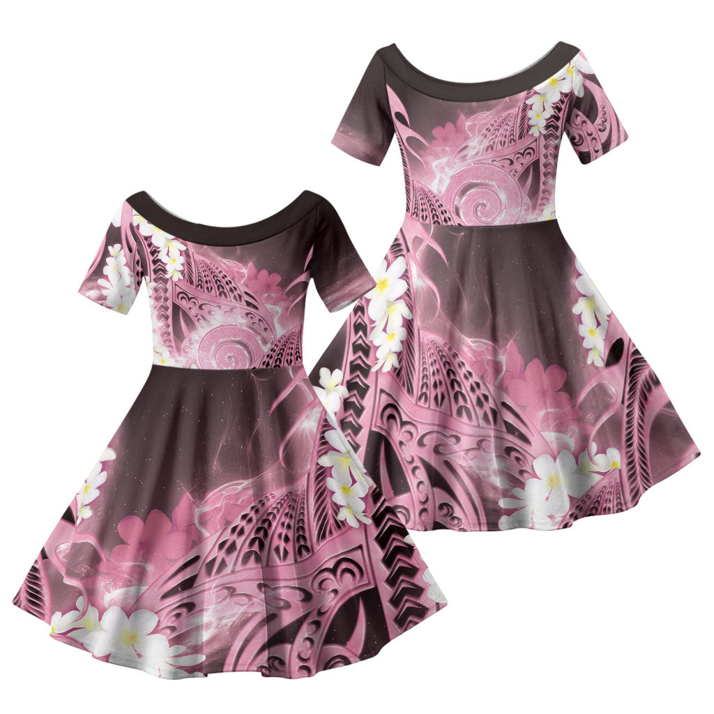 Piko Hawaiian Family Matching Off The Shoulder Long Sleeve Dress and Hawaiian Shirt Pink Galaxy Spiral Plumeria Tribal Patterns