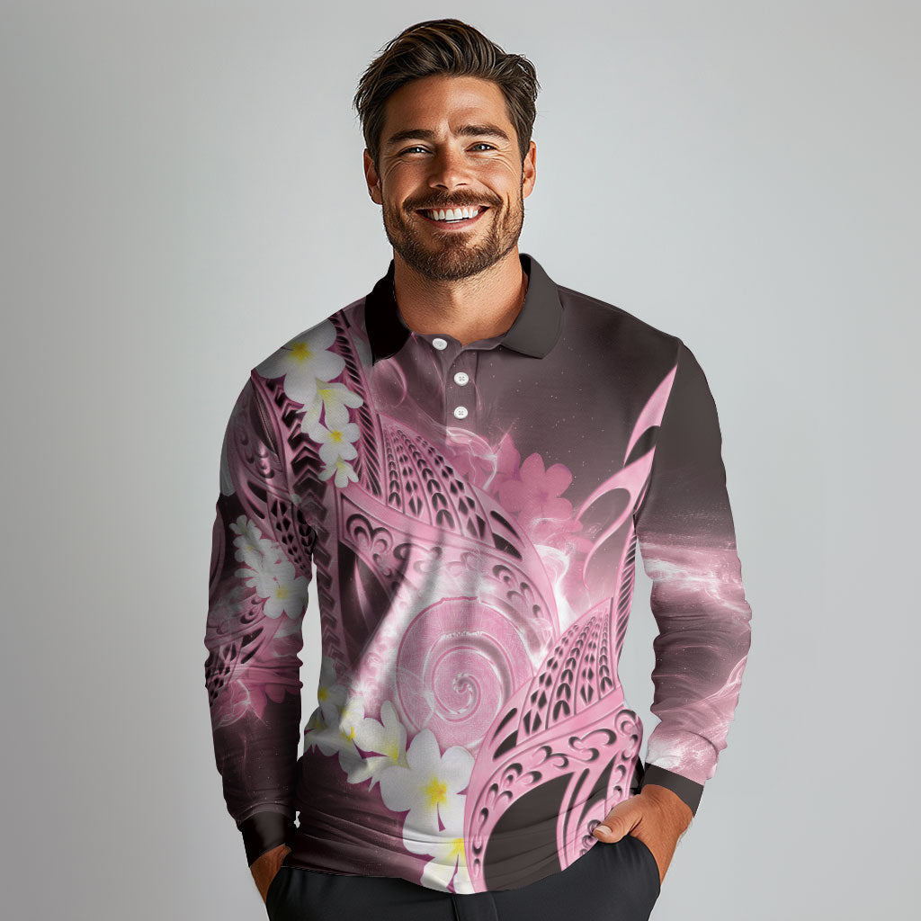 Piko Hawaiian Long Sleeve Polo Shirt Pink Galaxy Spiral Plumeria Tribal Patterns
