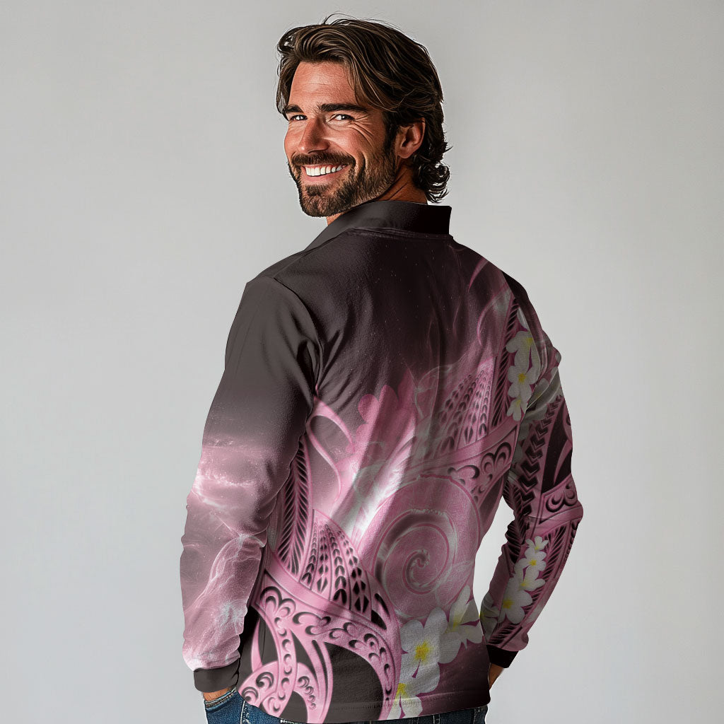 Piko Hawaiian Long Sleeve Polo Shirt Pink Galaxy Spiral Plumeria Tribal Patterns