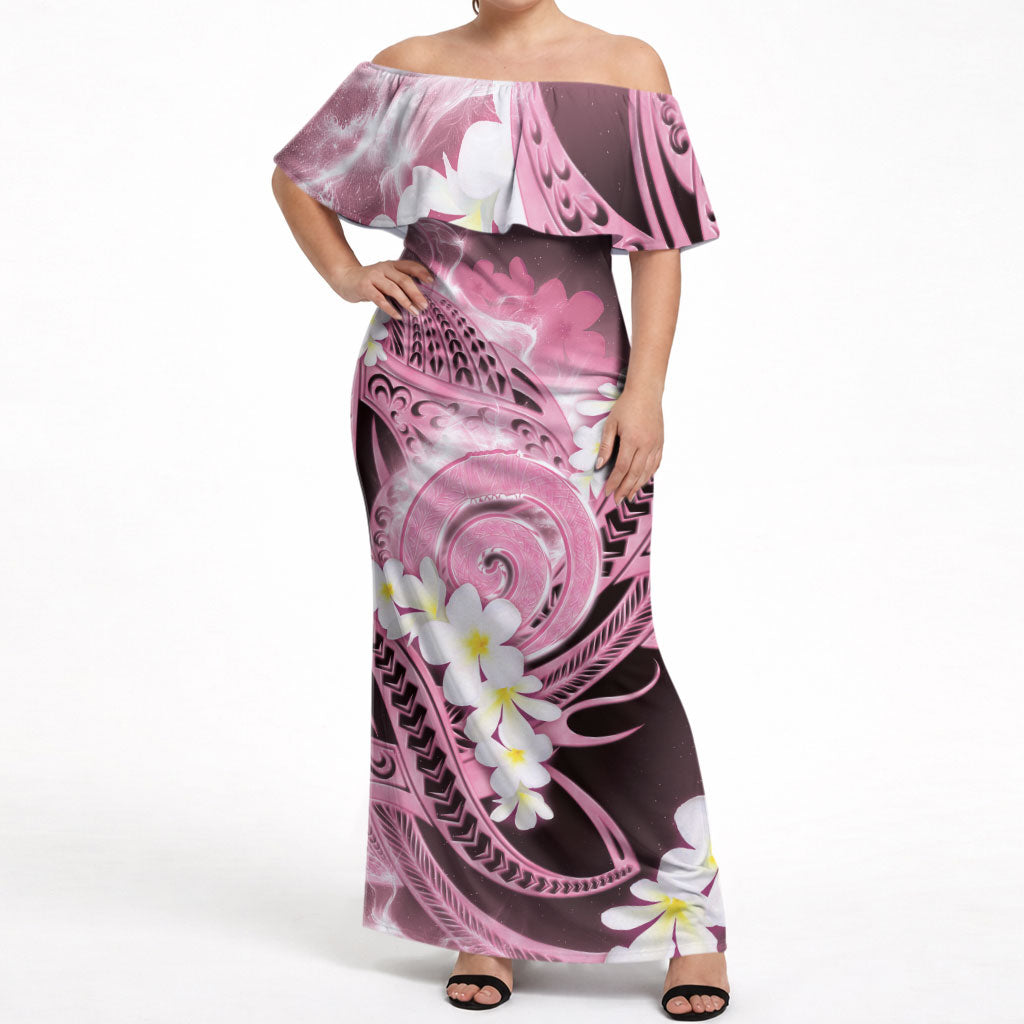 Piko Hawaiian Off Shoulder Maxi Dress Pink Galaxy Spiral Plumeria Tribal Patterns