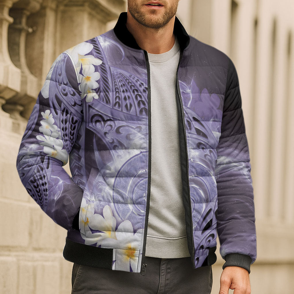 Piko Hawaiian Bomber Puffer Jacket Purple Galaxy Spiral Plumeria Tribal Patterns