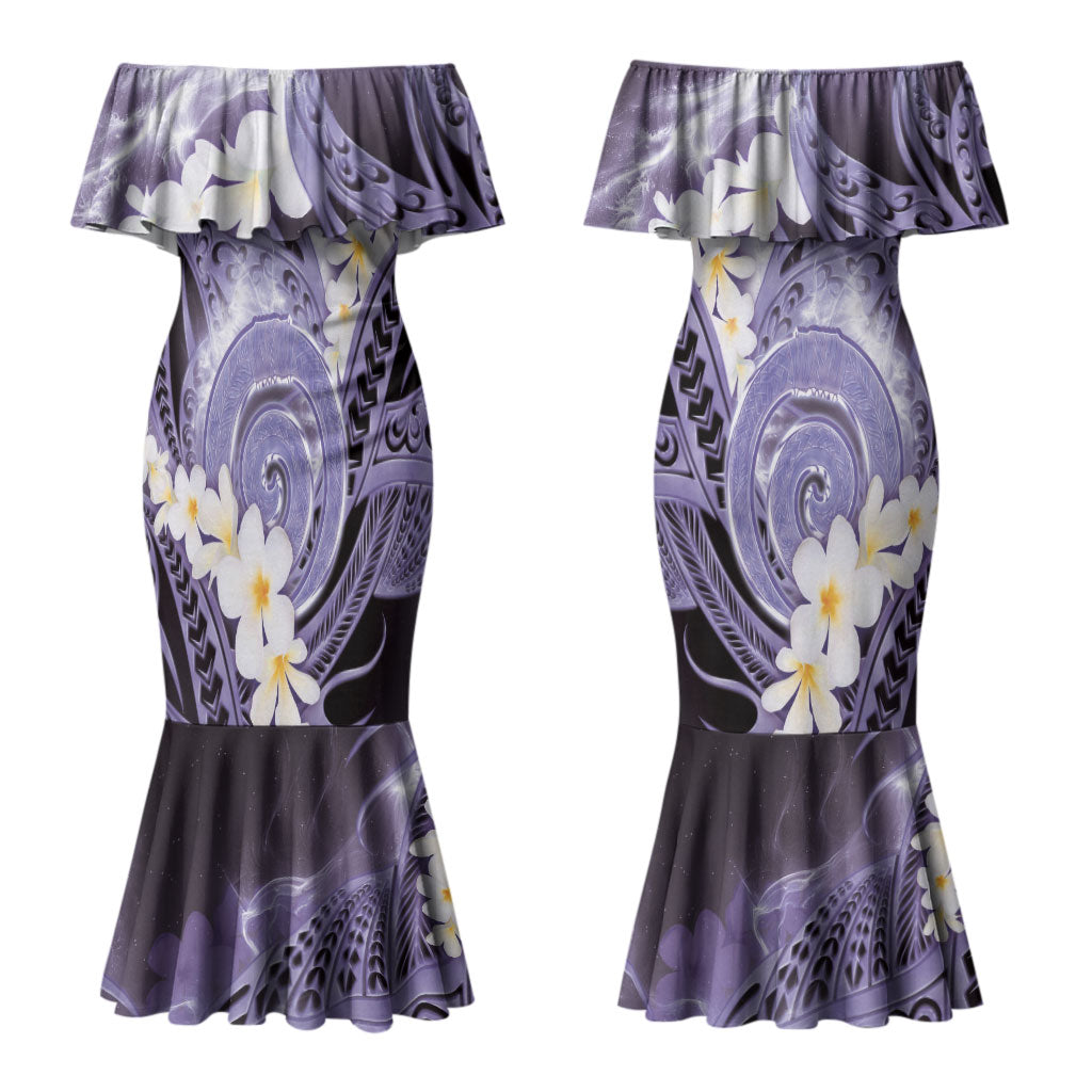 Piko Hawaiian Couples Matching Mermaid Dress and Hawaiian Shirt Purple Galaxy Spiral Plumeria Tribal Patterns