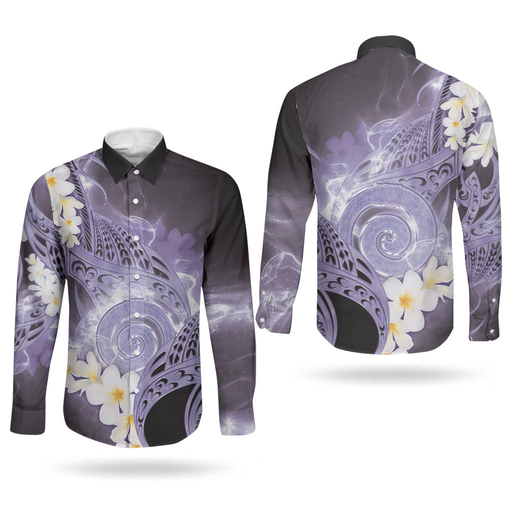 Piko Hawaiian Couples Matching Off Shoulder Short Dress and Long Sleeve Button Shirt Purple Galaxy Spiral Plumeria Tribal Patterns