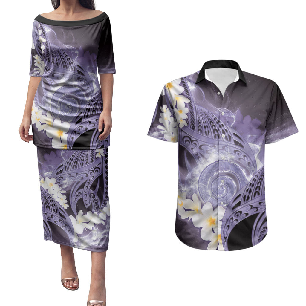 Piko Hawaiian Couples Matching Puletasi and Hawaiian Shirt Purple Galaxy Spiral Plumeria Tribal Patterns