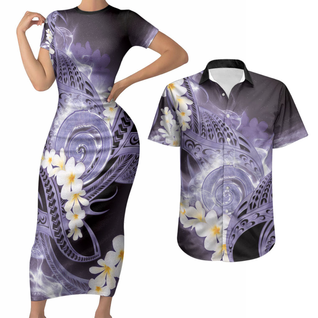 Piko Hawaiian Couples Matching Short Sleeve Bodycon Dress and Hawaiian Shirt Purple Galaxy Spiral Plumeria Tribal Patterns